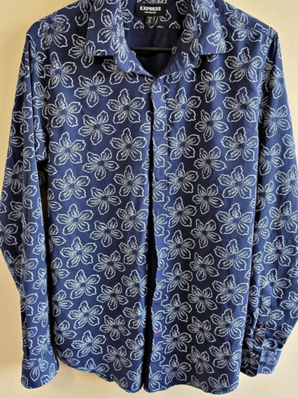 Express Performance Slim Floral Dress Shirt Blue & White